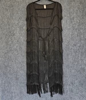 BLESS Handmade Style Black Fringe Long Vest Cover Up Boho Festival